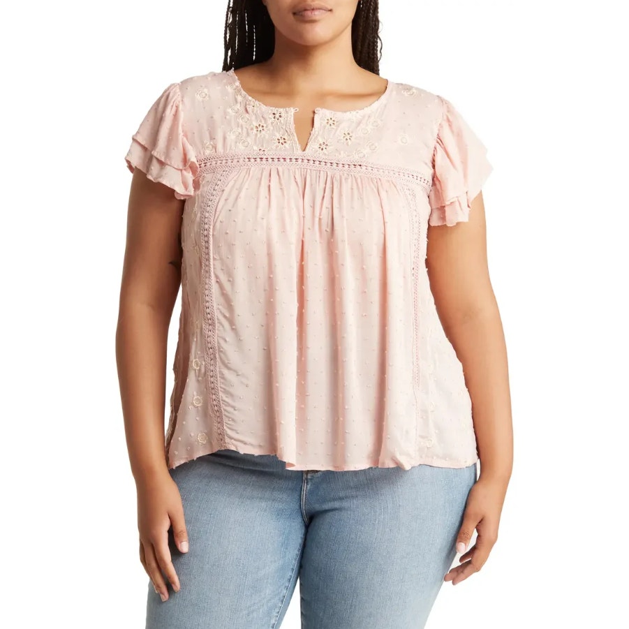 New Liv Los Angeles Women's Blush Embroidered Swiss Dot Blouse Size 1x